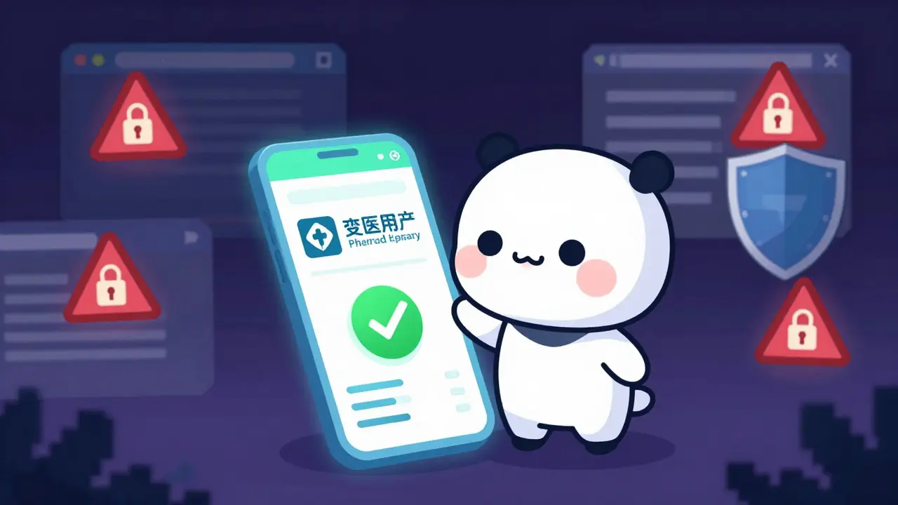 Kawaii avatar securely shopping for meds online, blocking shady sites.