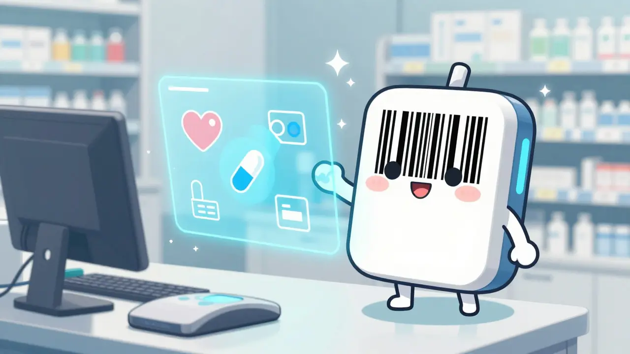 Kawaii barcode scanner character verifying medication via holographic interface