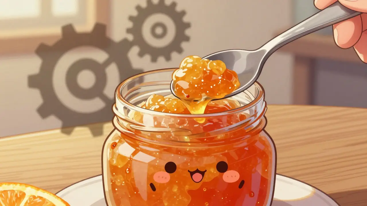 Kawaii marmalade jar with hidden enzyme gear blockage in manga style