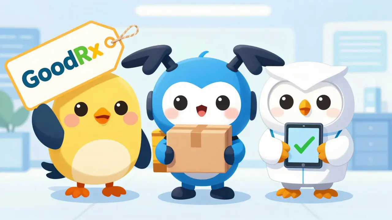 Kawaii mascots representing coupons, delivery, and telehealth