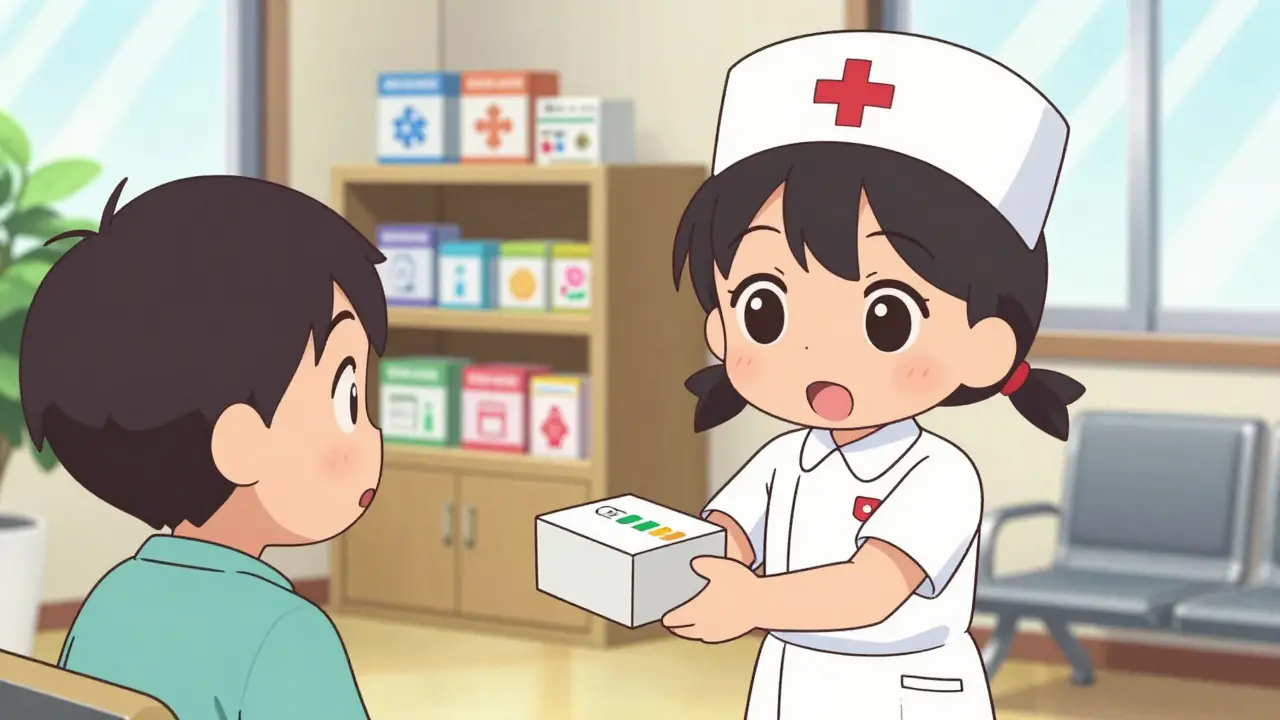 Kawaii nurse handing free medication to a grateful patient