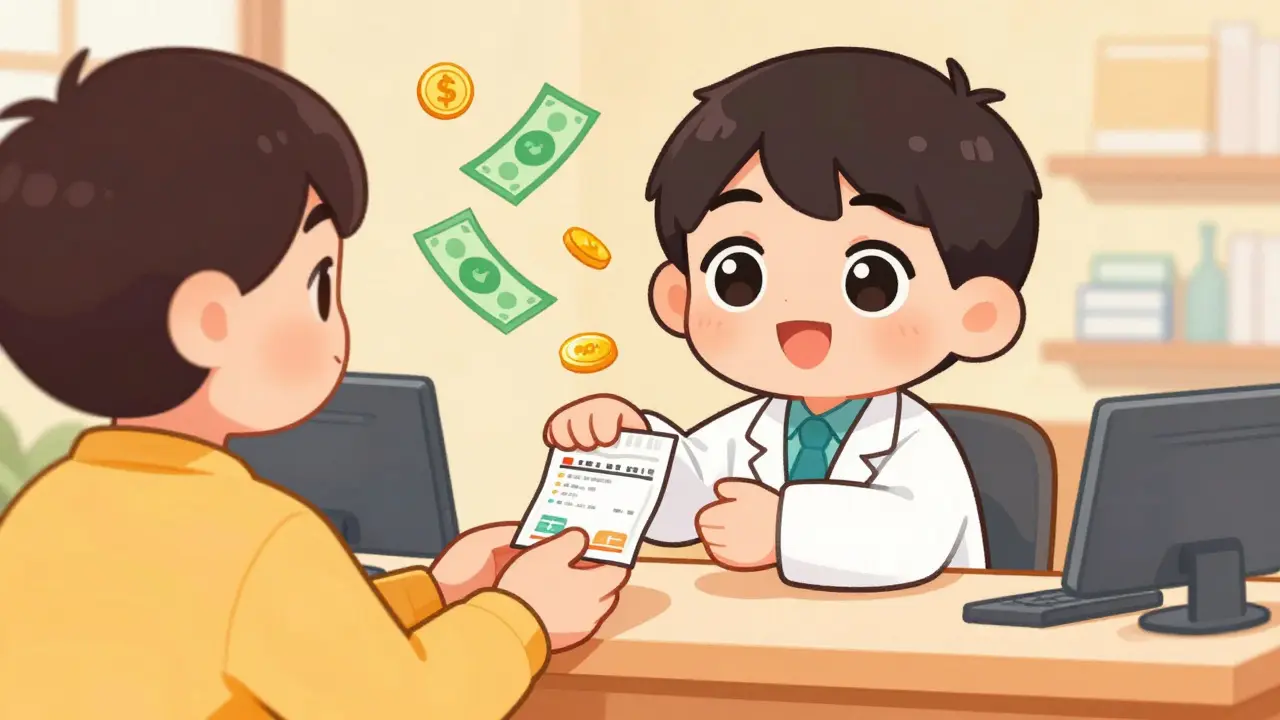 Kawaii pharmacist handing prescription bag with floating coins