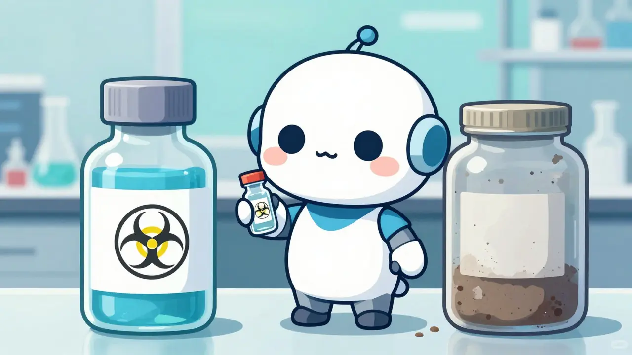 Kawaii robot comparing safe medicine bottle vs unsafe lab chemical jar.