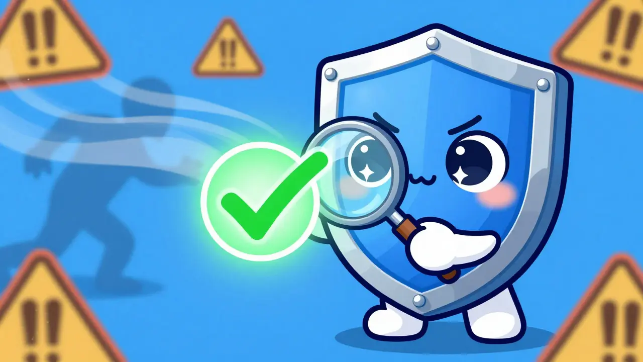 Kawaii shield character checking safety icons against bad website symbols.