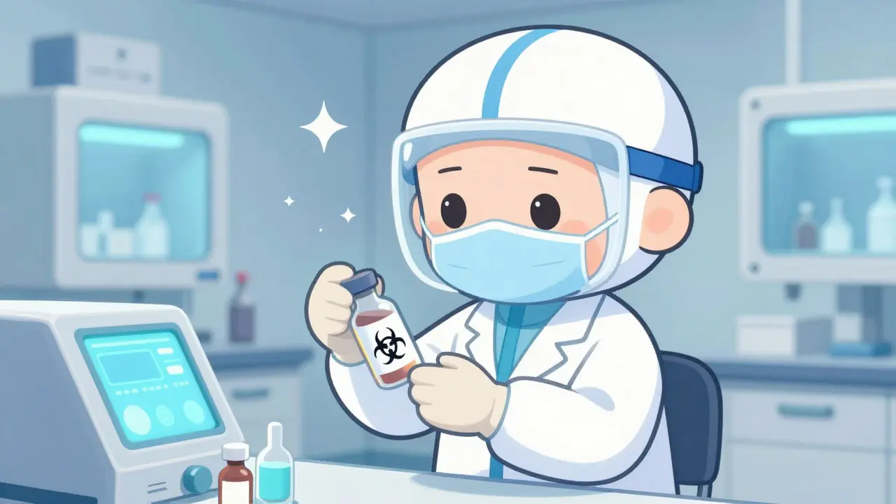 Kawaii style pharmacist in protective gear handling hazardous drugs in a sterile compounding room.