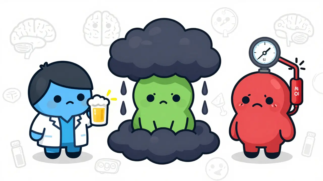 Manga style chart showing risks of mixing different antidepressants with alcohol.
