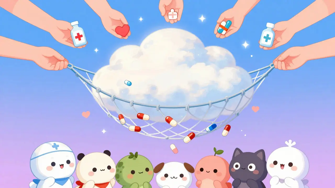Whimsical anime art of a safety net catching medical supplies