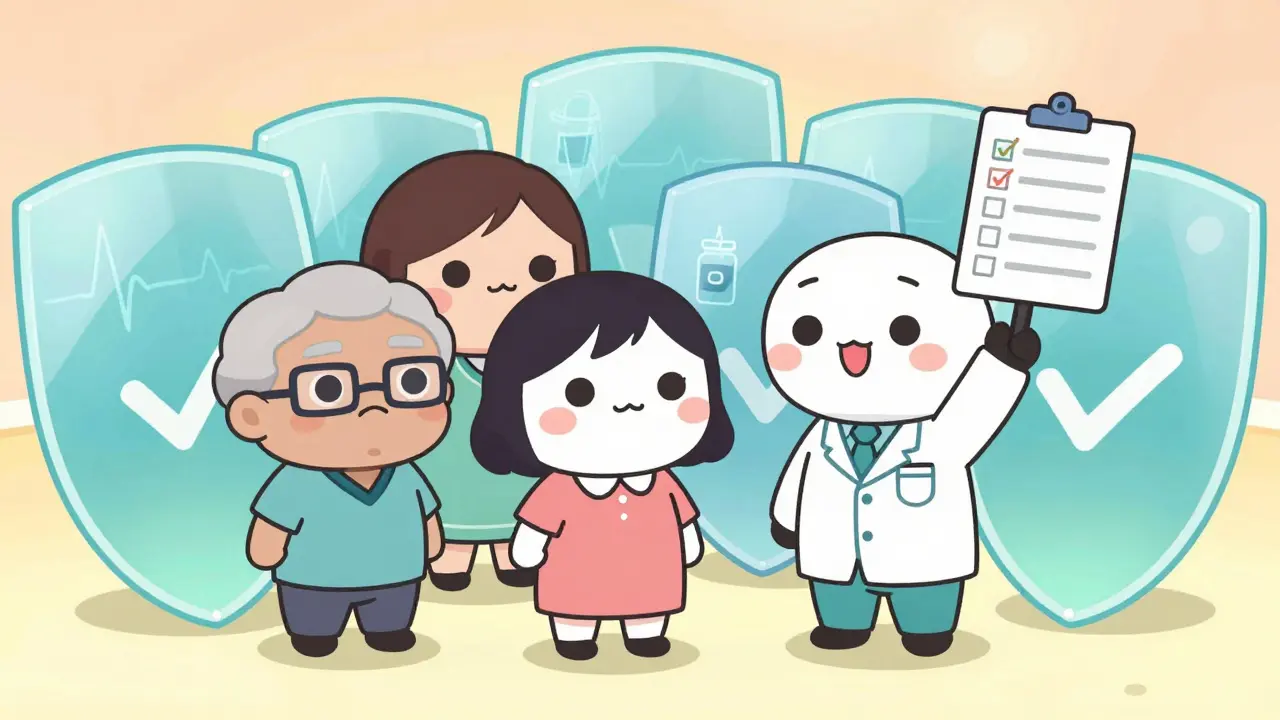 Anime patients and doctor reviewing safety checks with protective shields