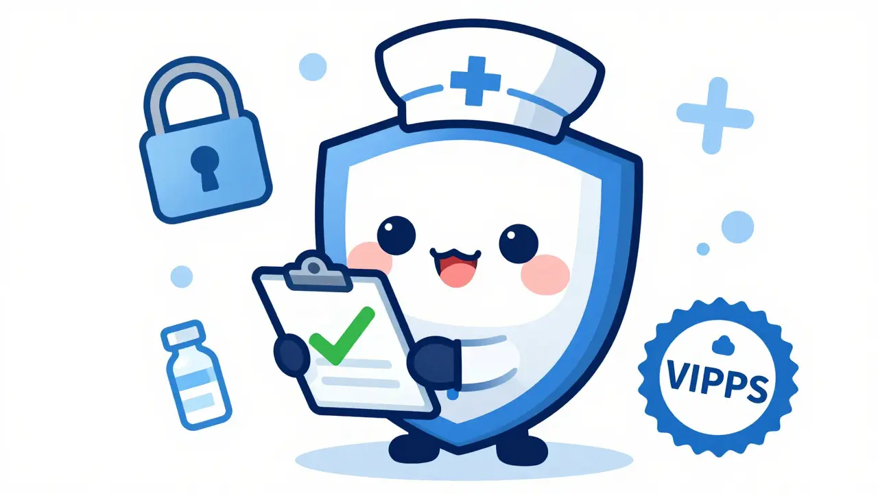 Chibi pharmacist mascot with a shield, verifying safe online pharmacy purchases.