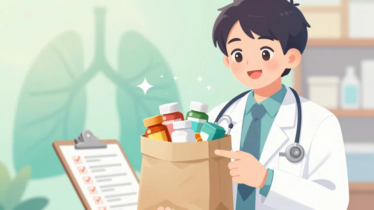 Cute kawaii pharmacist reviewing medications in a brown bag, promoting safe medication management.