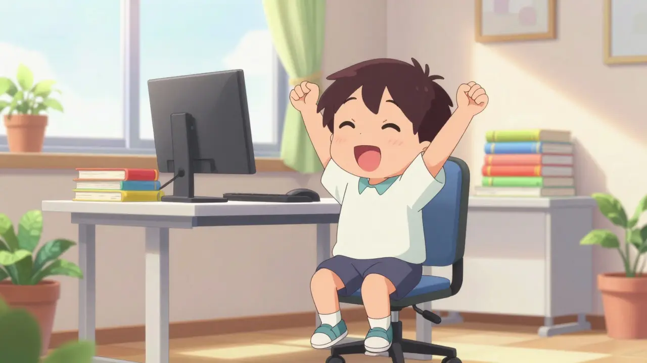 Happy anime character standing at desk and stretching during a break.