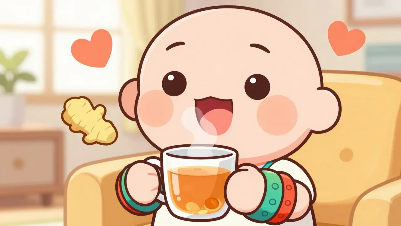 Happy anime girl using ginger tea and acupressure bands