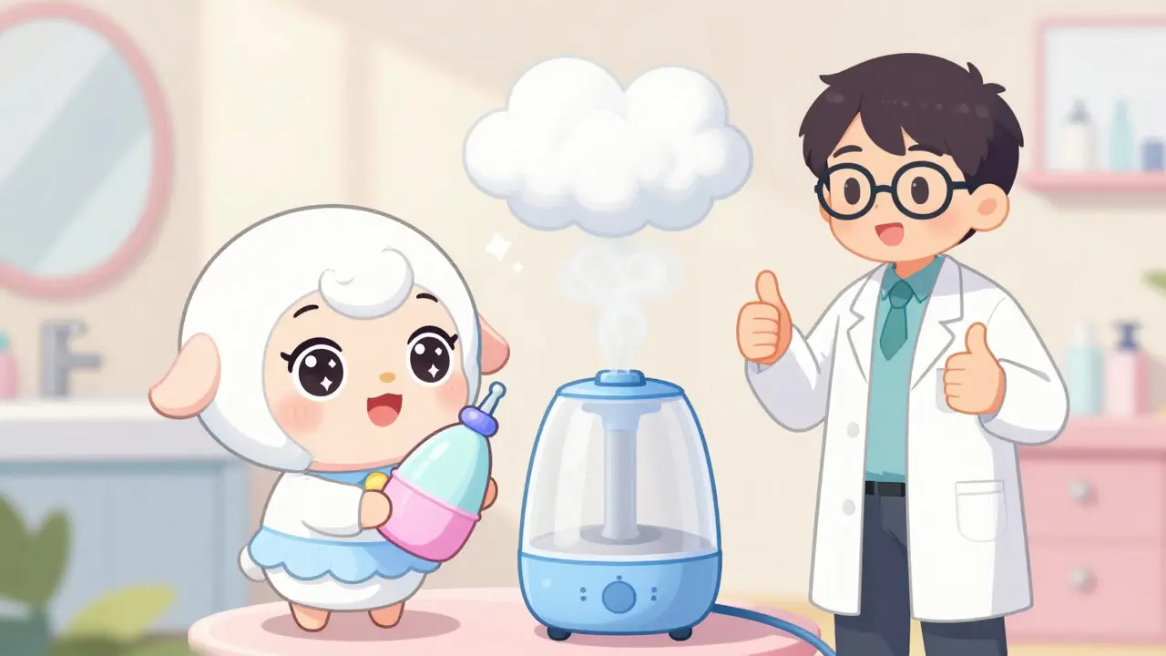 Happy kawaii character using a neti pot and humidifier for safe congestion relief with a pharmacist.