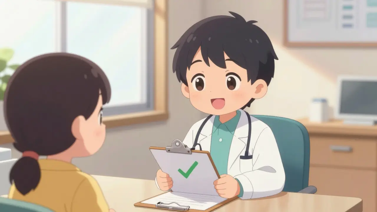 Happy kawaii doctor reassuring patient after clearing incorrect allergy label
