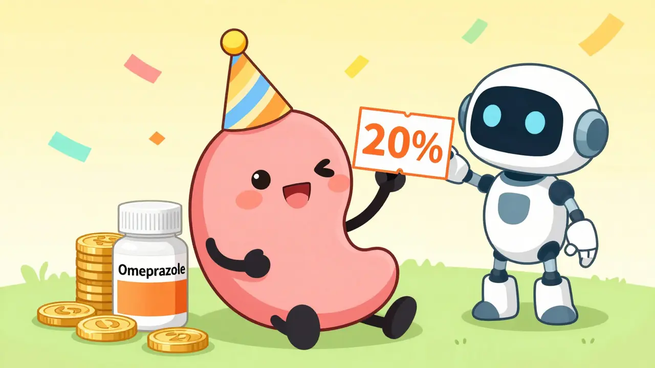 Happy kawaii stomach character saving money on generic meds