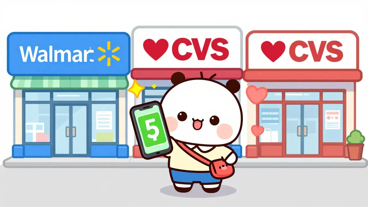 Kawaii character comparing prices at colorful pharmacy stores with coupons.
