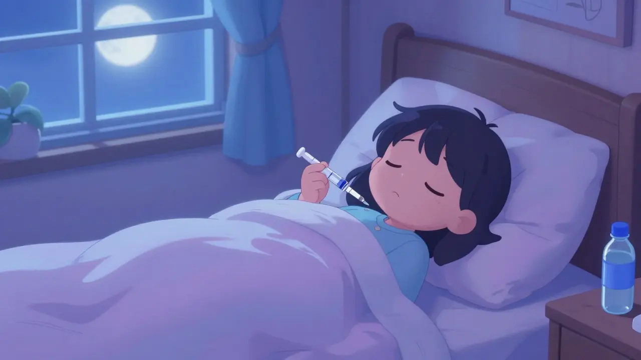 Kawaii character sleeping peacefully after evening injection