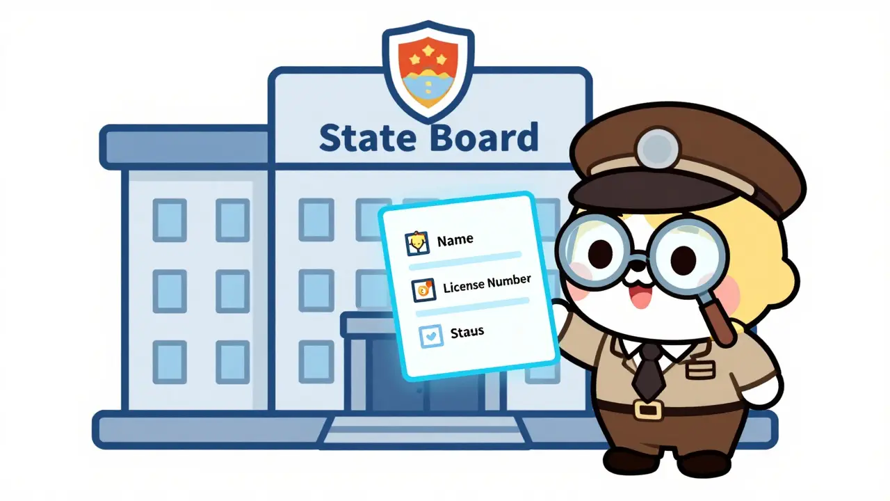 Kawaii detective checking a license verification checklist near a state board icon.