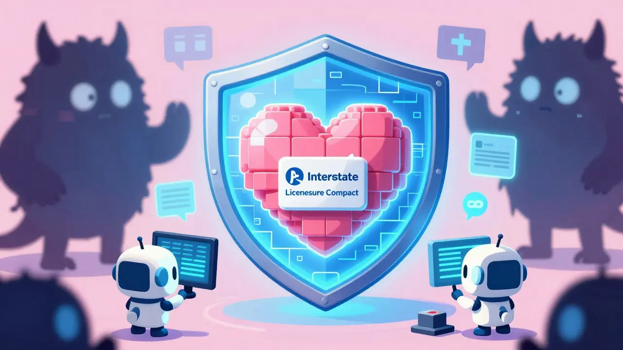 Kawaii digital shield protecting medicine from shadowy fraud monsters.