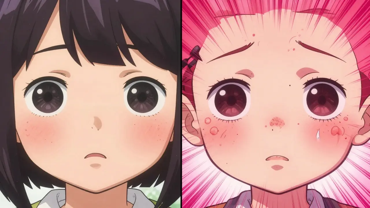 Kawaii manga illustration comparing mild side effect rash to severe allergy hives