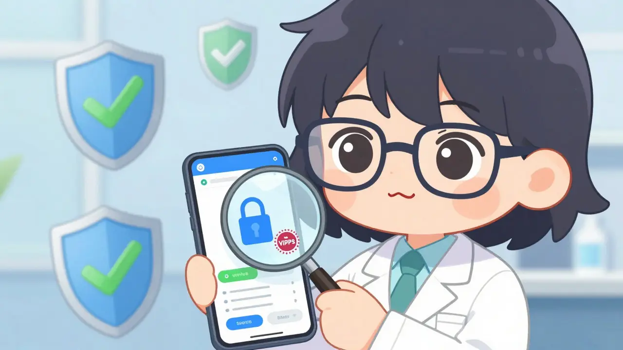 Kawaii pharmacist checking safe online pharmacy verification