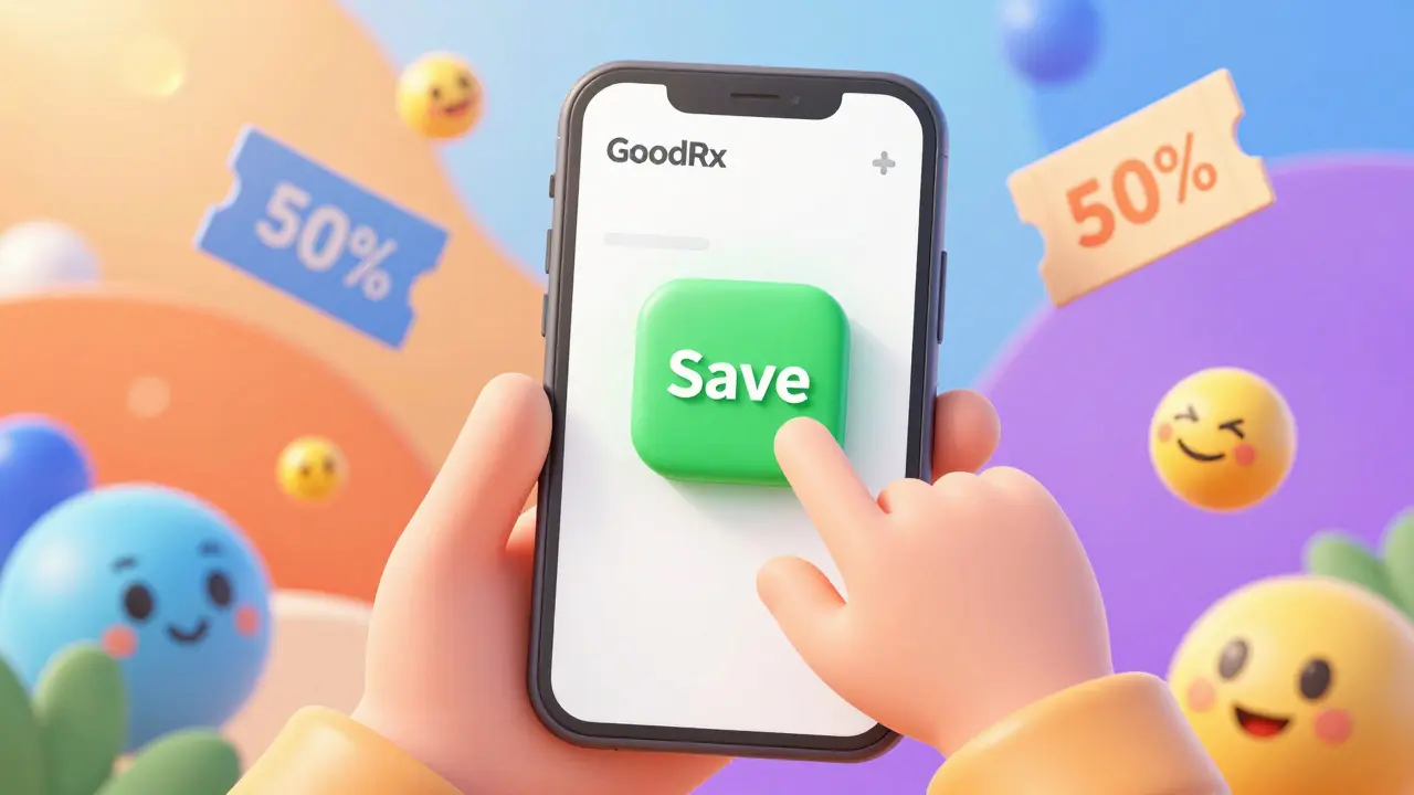 Kawaii smartphone showing discount coupons and savings buttons for medication.