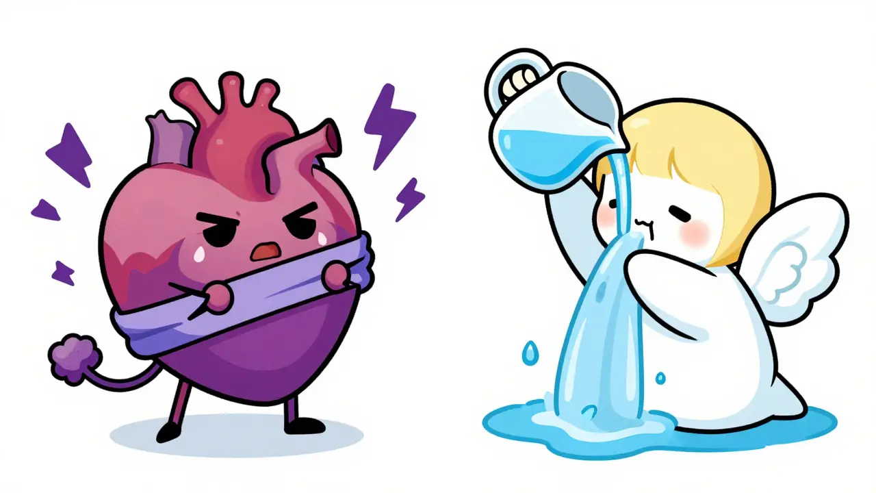 Manga style comparison showing risky oral meds stressing a heart versus safe saline rinse soothing a nose.