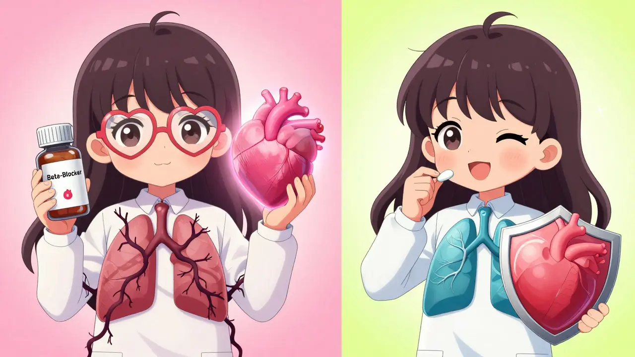 Split screen kawaii art showing dangerous beta-blockers vs safe alternatives for heart and lung health.