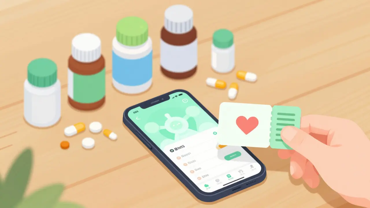Adorable flat lay of generic pills, phone, and coupons for saving money