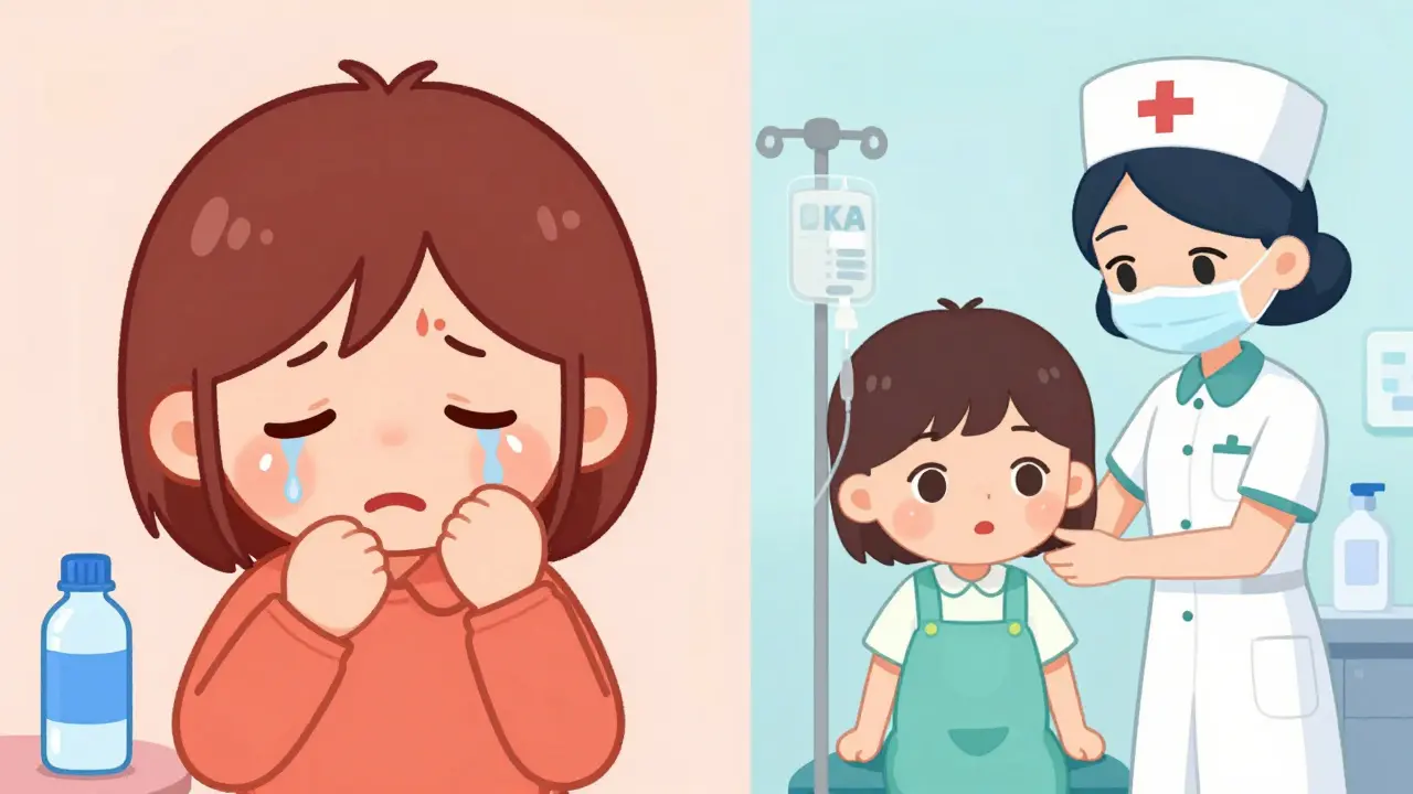 Anime illustration showing symptoms of high blood sugar and hospital treatment scenes.