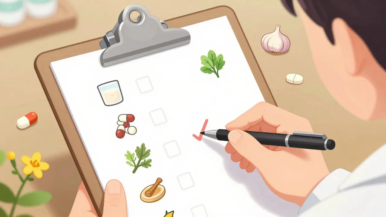 Anime style clipboard with icons of meds, herbs, and food for health review.