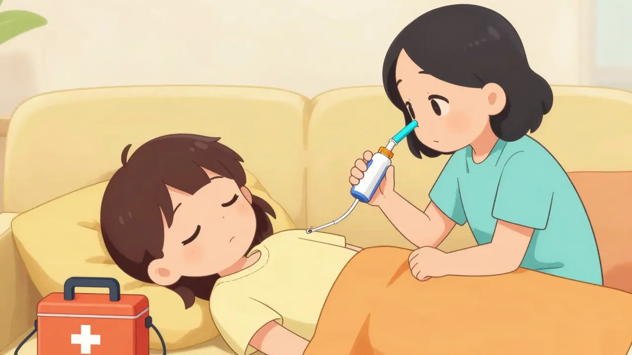 Cute manga style caregiver administering nasal glucagon spray to a resting patient.