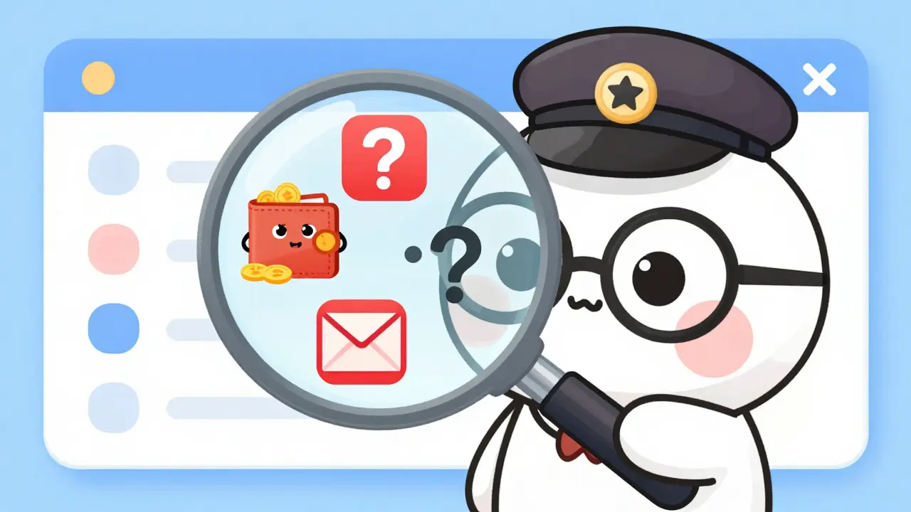 Detective mascot spotting red flags on online pharmacy site