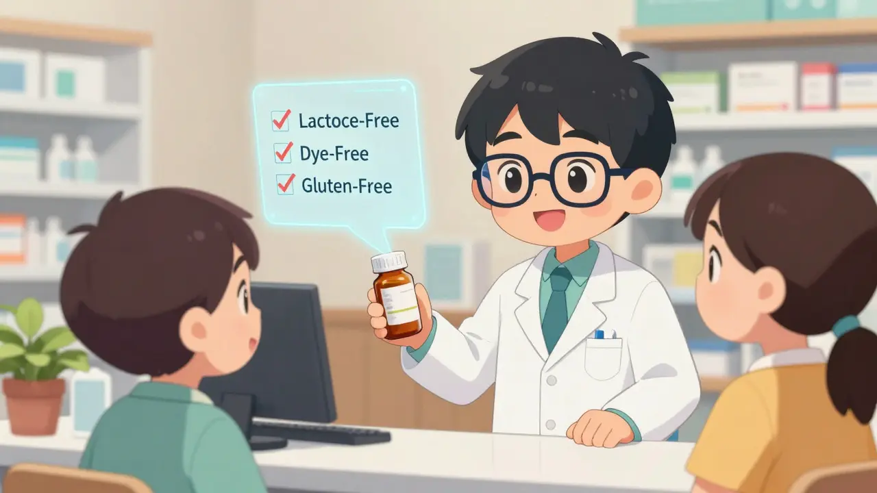 Friendly anime pharmacist helping a patient choose a specialized medication formulation.