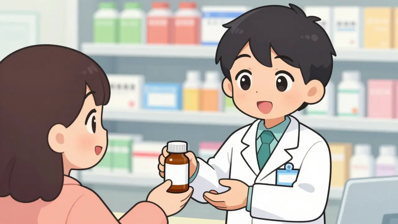 Friendly kawaii pharmacist handing a medication bottle to a smiling customer