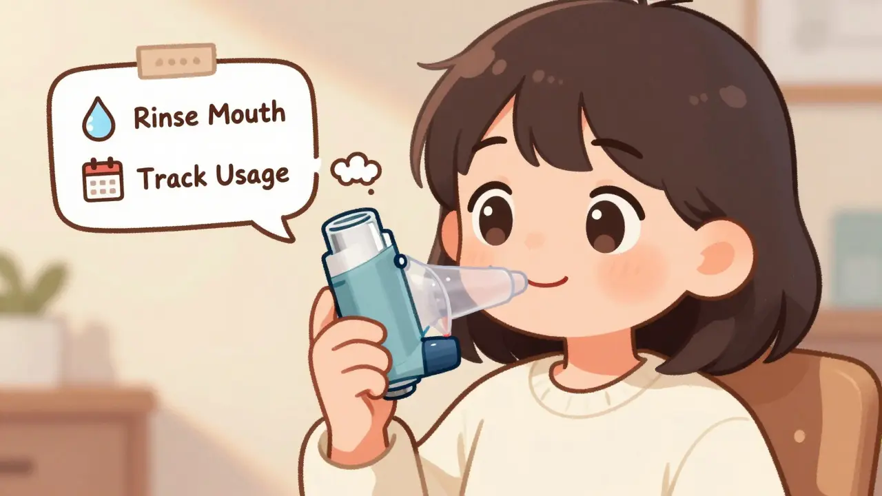 Happy anime character using an inhaler with a spacer and following care tips.