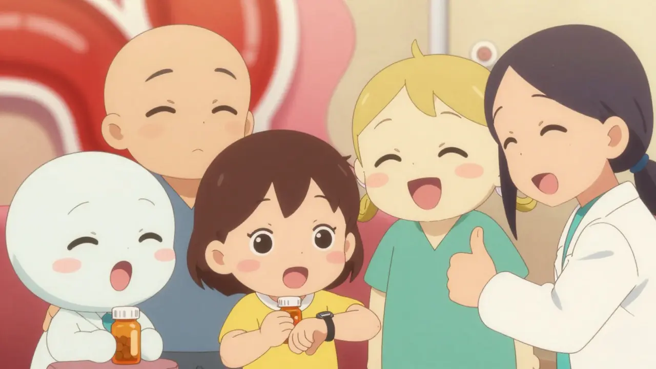 Happy anime patients holding medication bottles