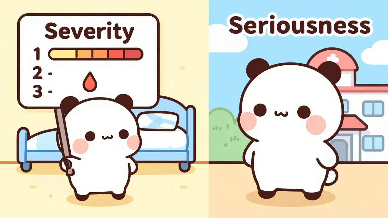 Kawaii anime characters illustrating severity vs seriousness concepts