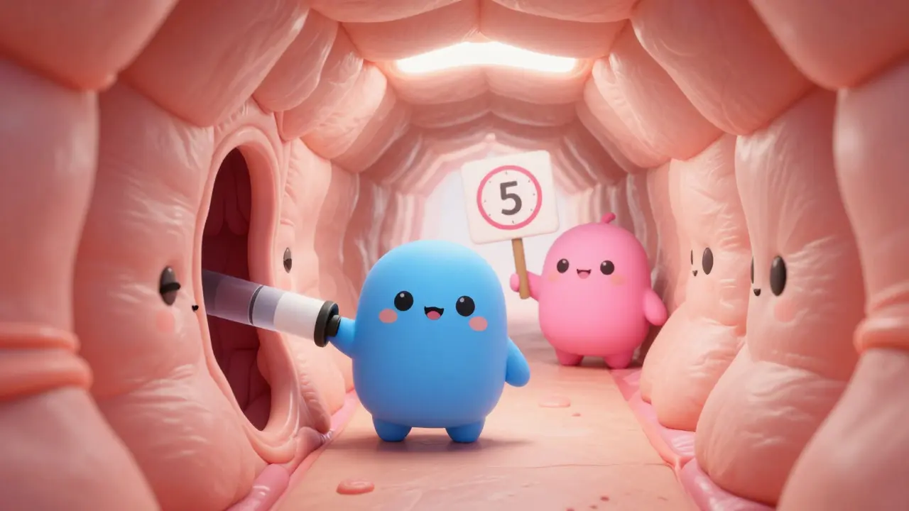 Kawaii characters demonstrating the 5-minute wait between inhalers in a lung tunnel.