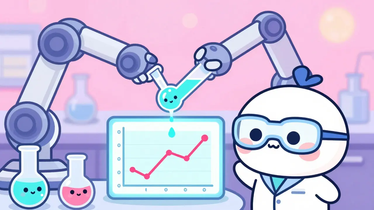 Kawaii lab scene showing drug equivalence data