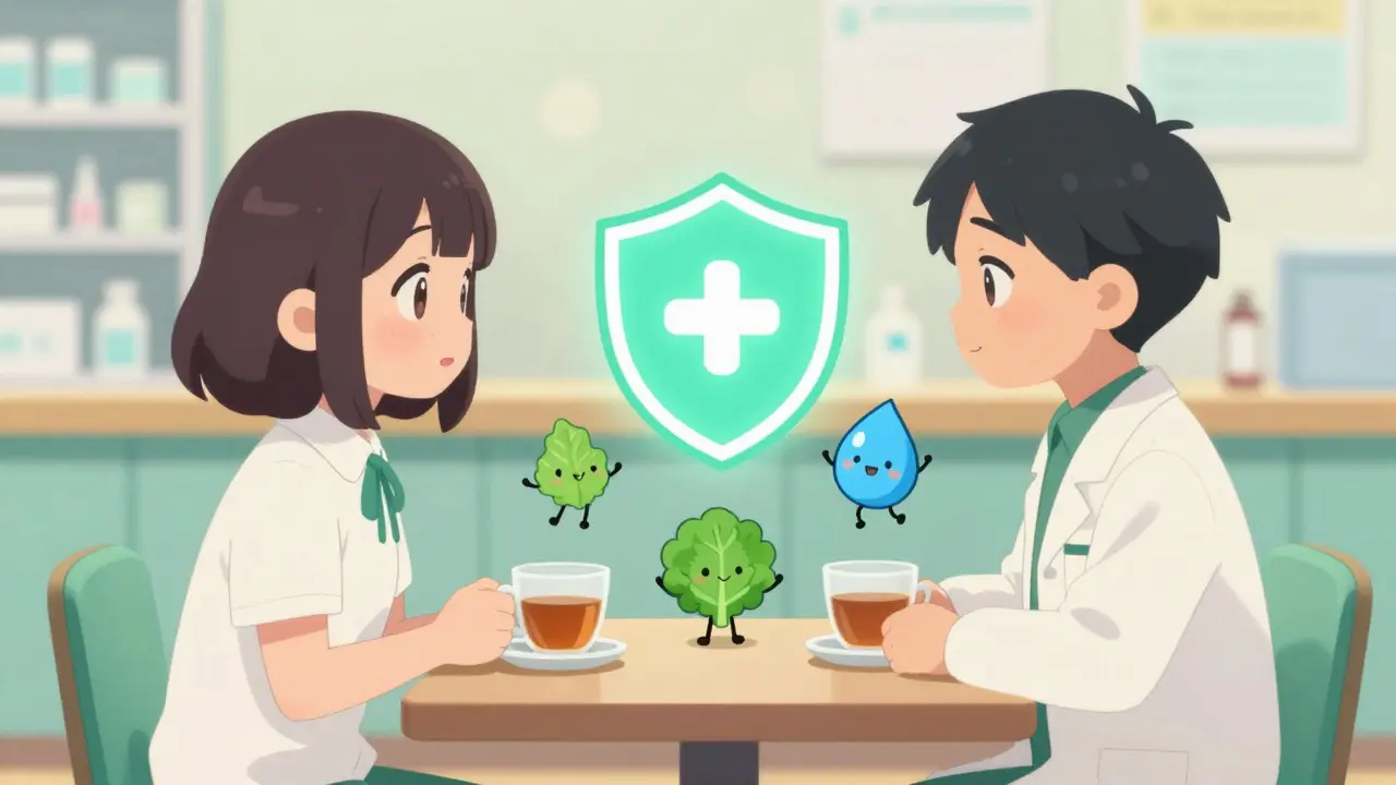 Kawaii pharmacist and patient discussing health with nutrient mascots nearby.