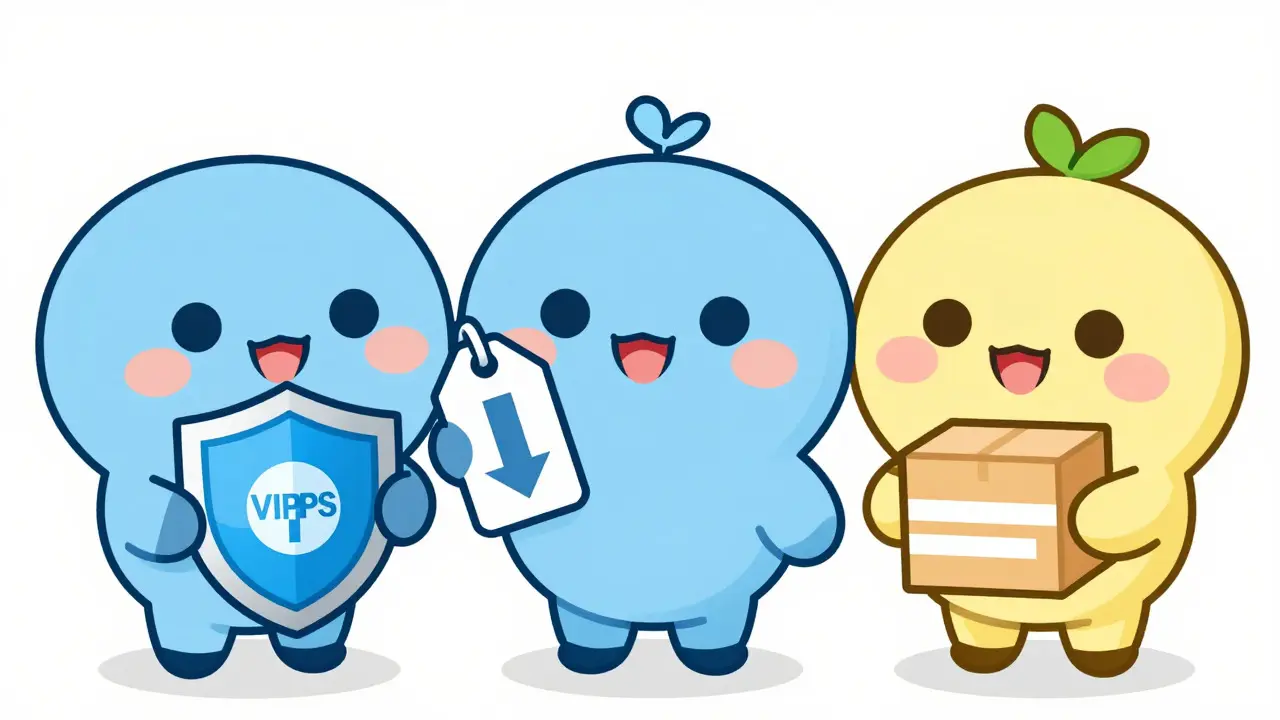 Kawaii pharmacy mascots showing safety seals and low prices
