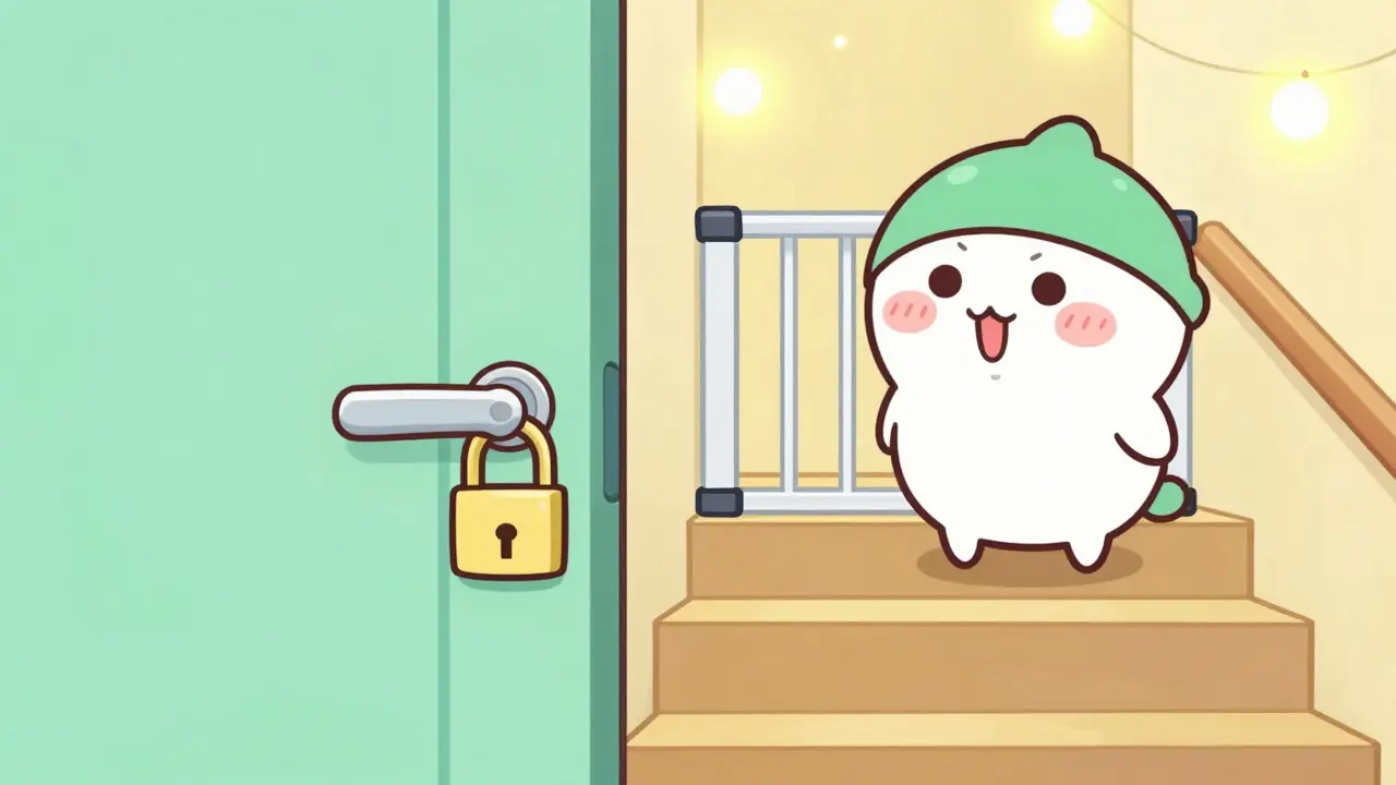 Kawaii style adult securing a child's room with locks and gates