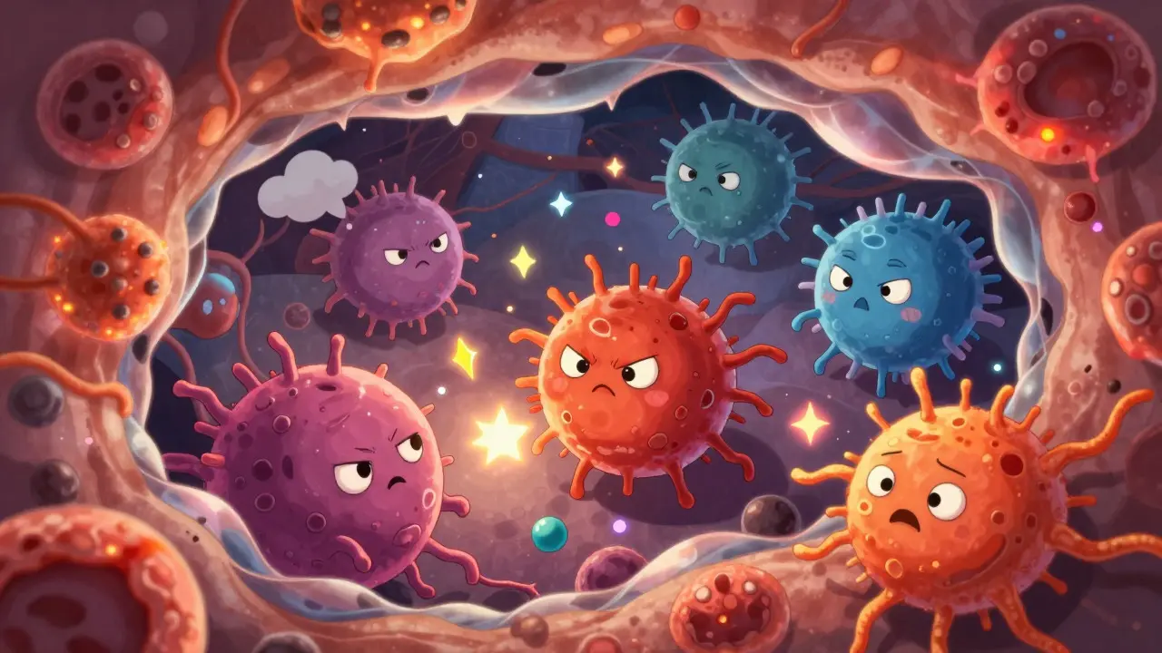 Kawaii T-cells attacking nerve fiber in anime style