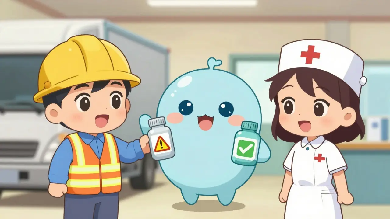Kawaii workers choosing safe non-sedating medication for job safety