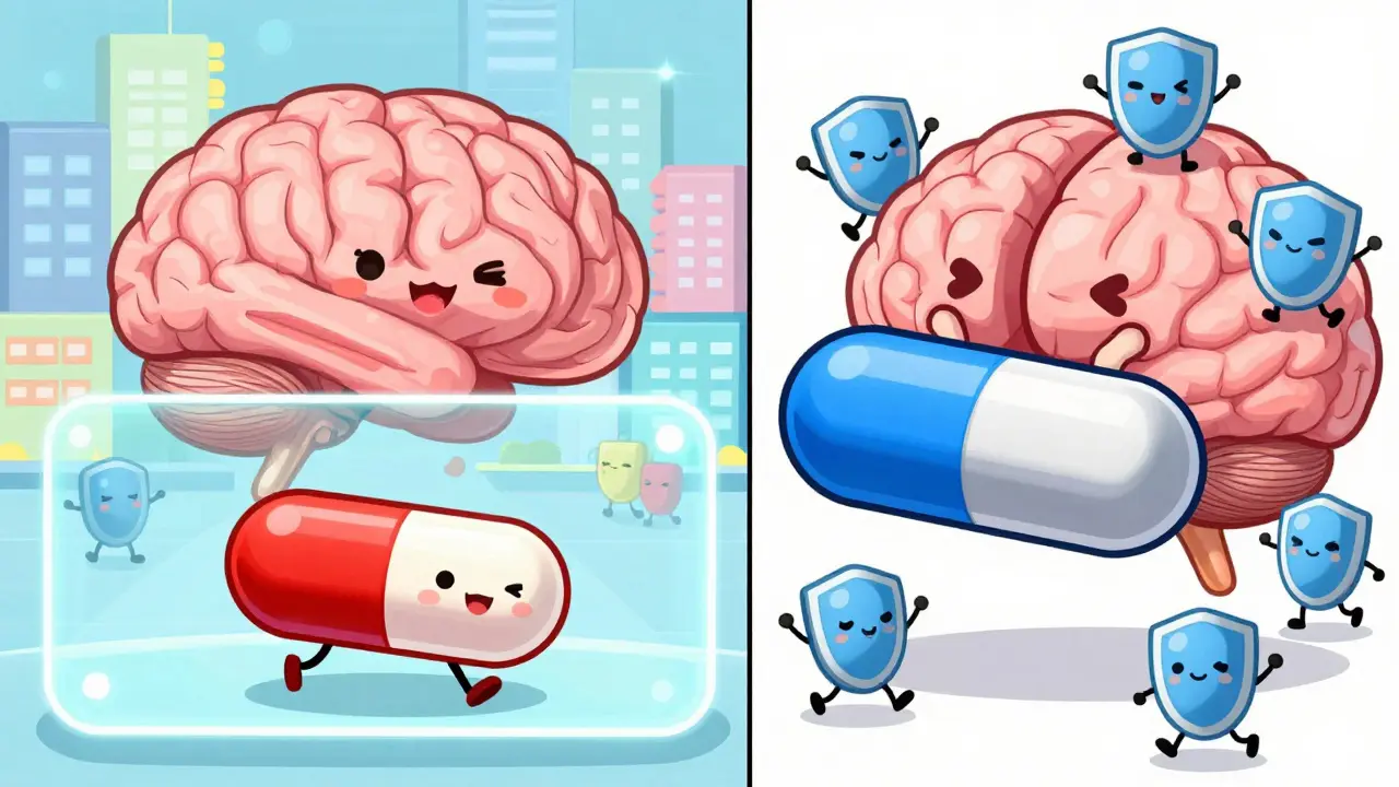 Manga style brain showing how different pills affect alertness levels