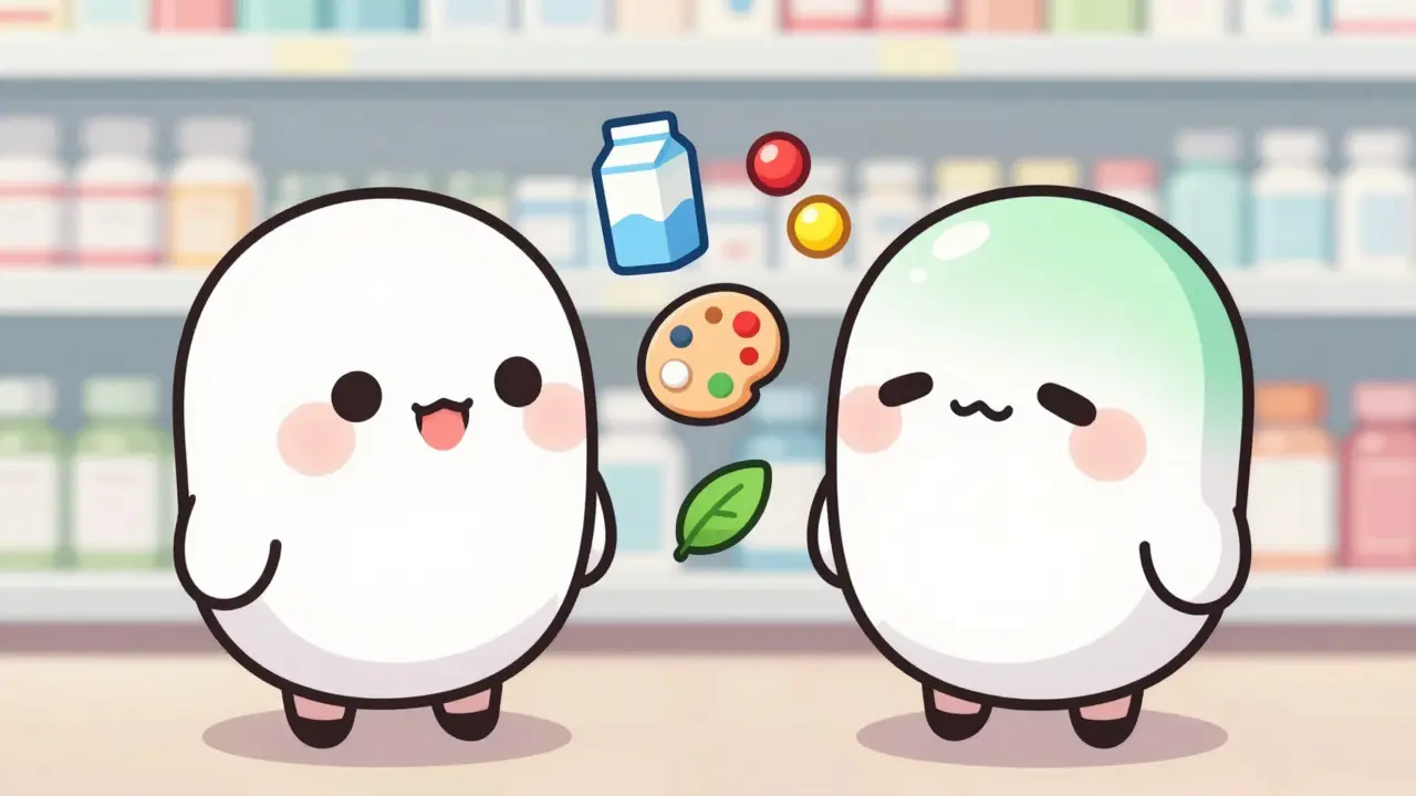 Two kawaii pills showing different reactions due to varying inactive ingredients.