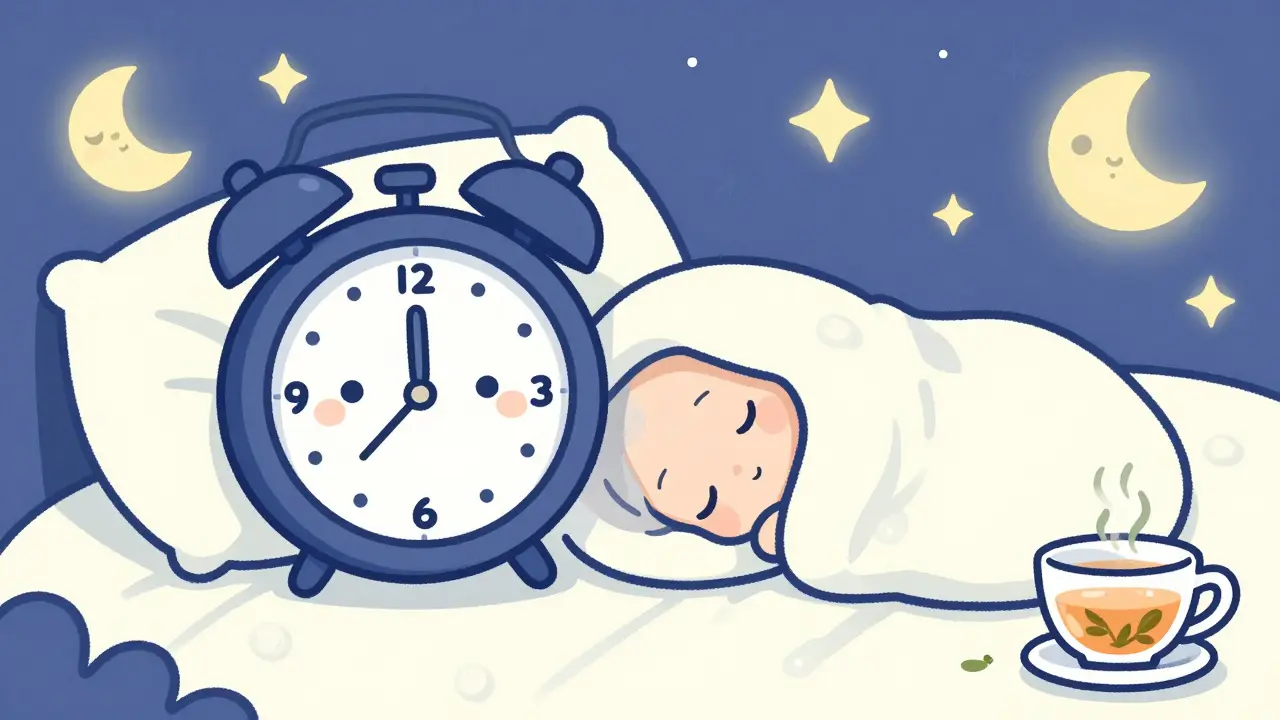 Whimsical anime clock and sleeping figure illustrating sleep routine