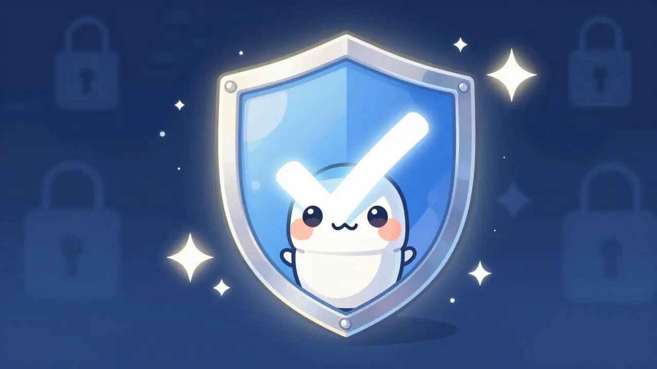 Adorable pill character protected by a glowing safety shield with sparkles