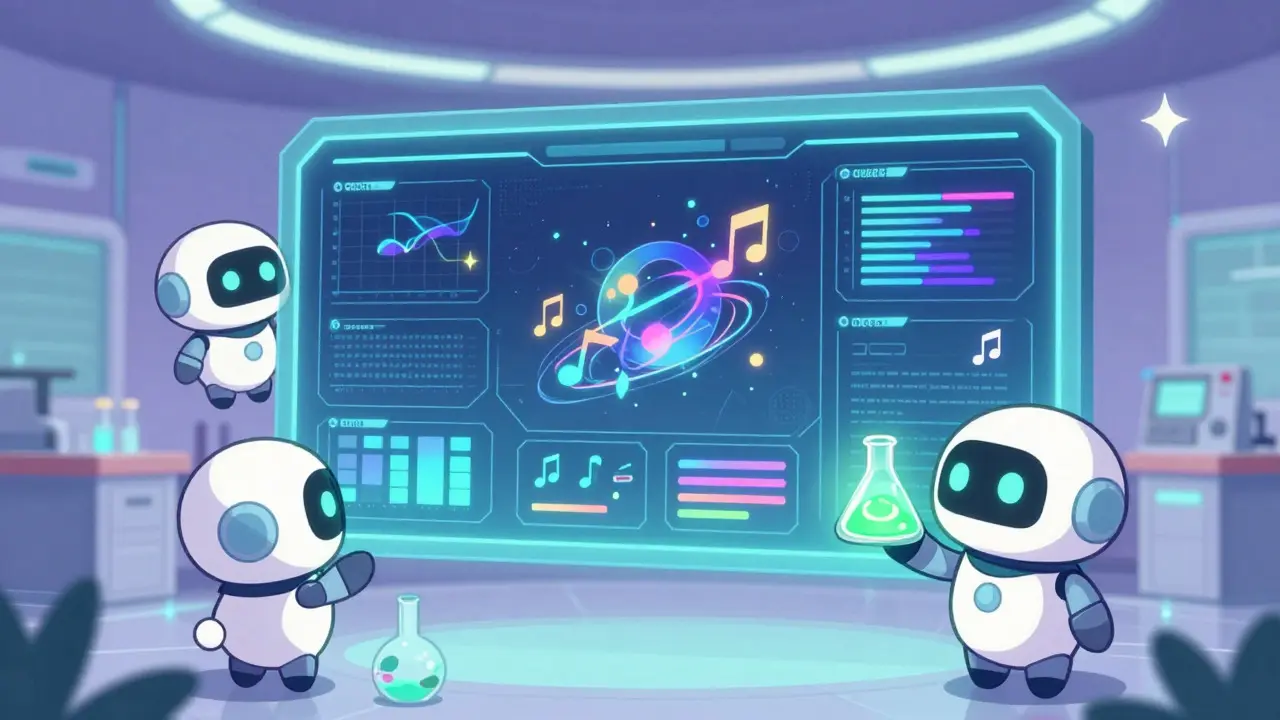 Adorable robots analyzing glowing data on a futuristic monitoring screen.
